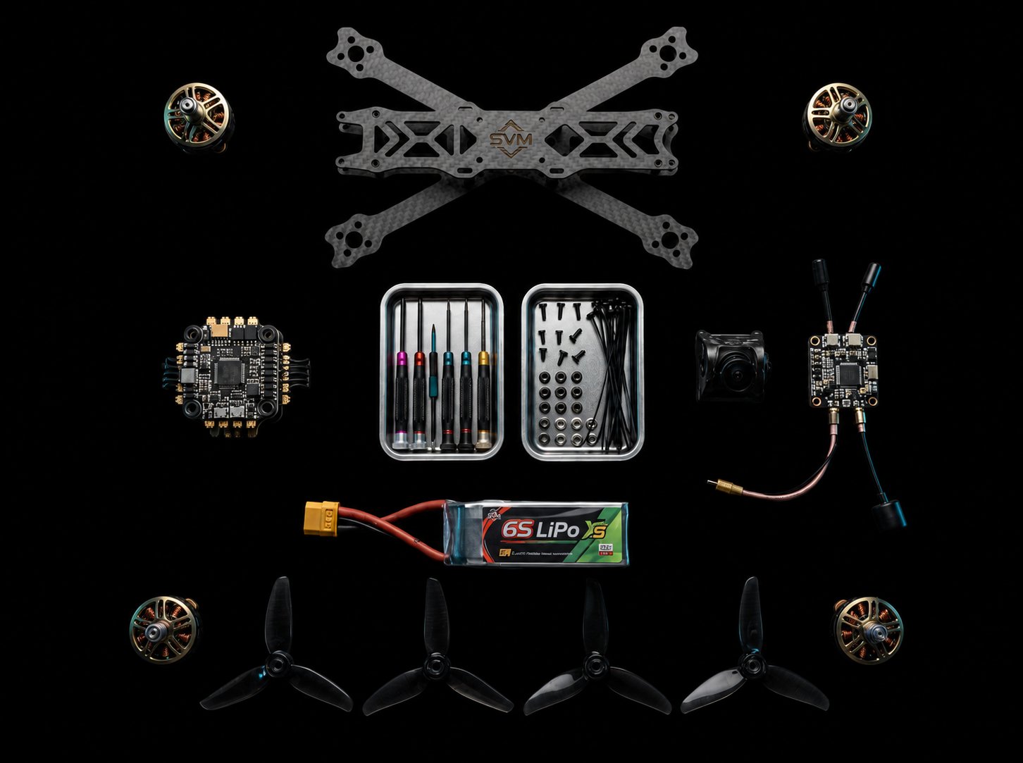 SVM custom FPV kit — frame, motors, stack, camera, VTX, battery and props